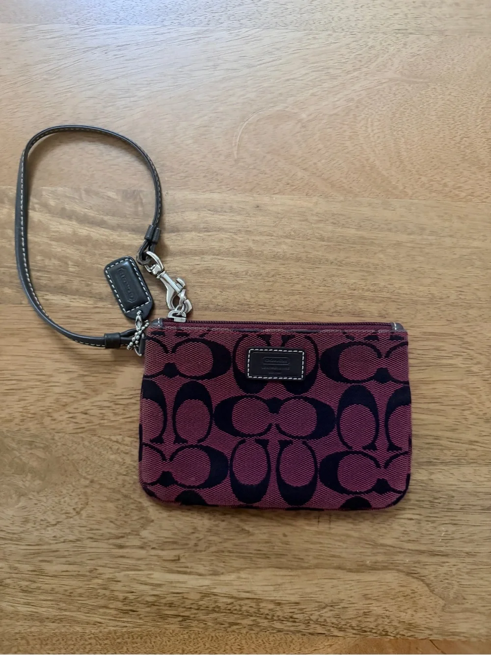 Coach Burgundy and Black Signature Wristlet Pouch